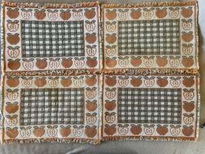 Vintage Woven Tapestry Apple Border Gingham Center Placemats with Fringe - Set o